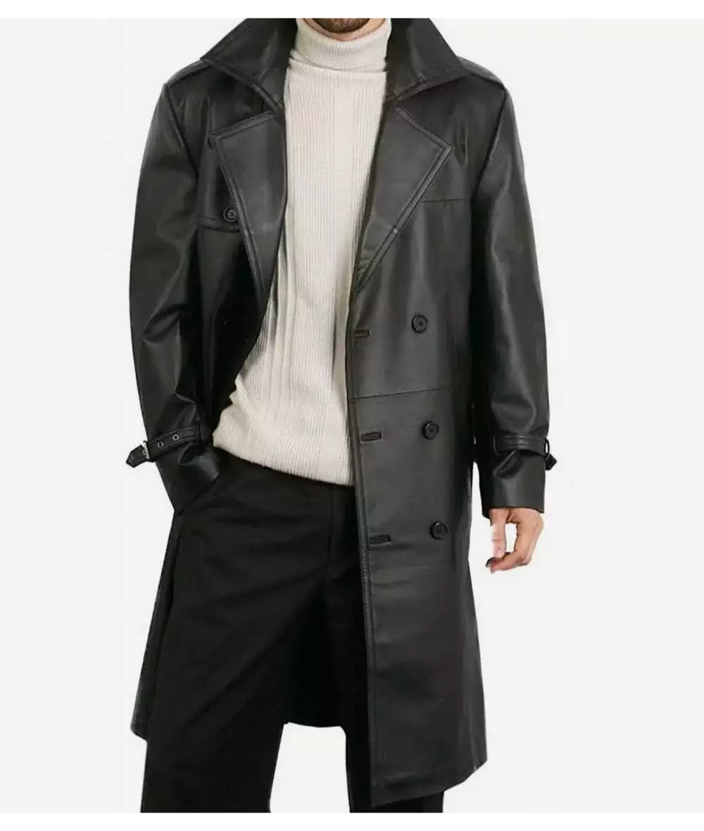 Men's Double-Breasted Premium Black Lambskin Leather Coat