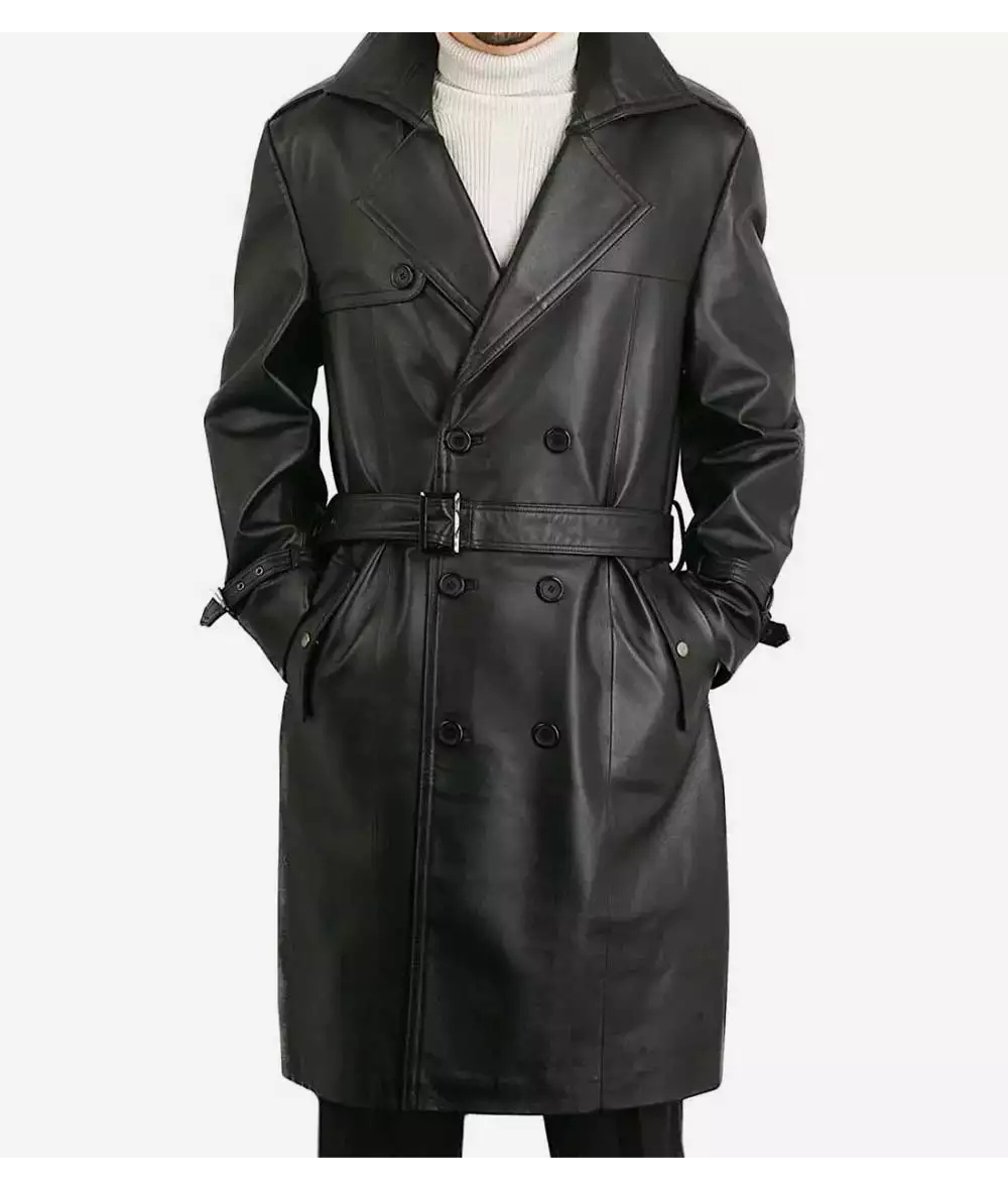 Men's Double-Breasted Premium Black Lambskin Leather Coat