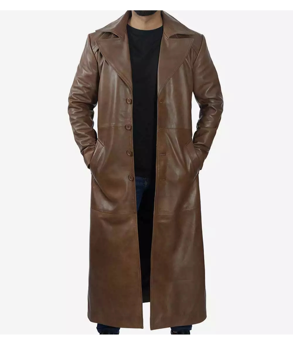 Men's Brown Full Length Leather Coat - Duster Coat