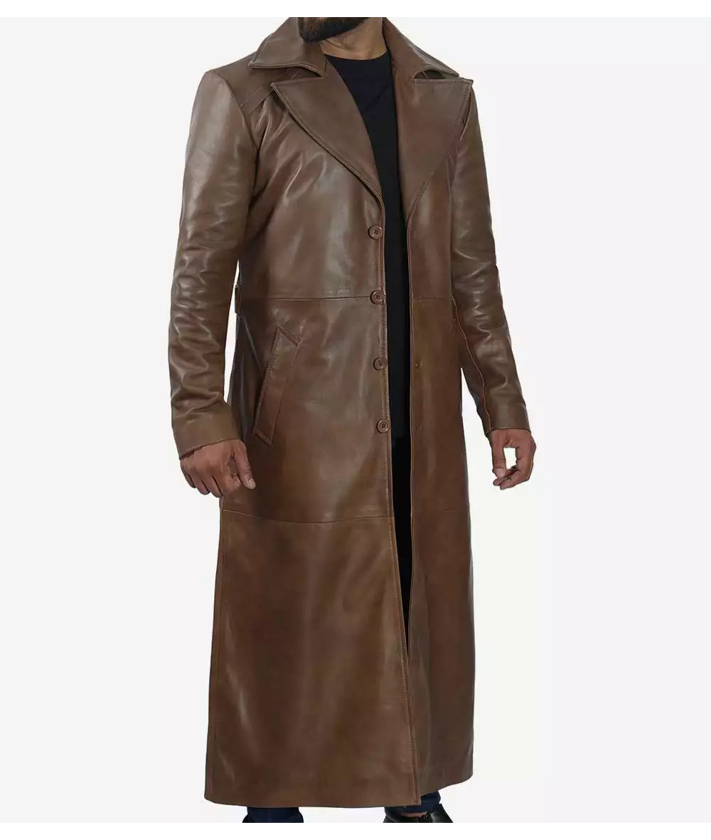 Men's Brown Full Length Leather Coat - Duster Coat