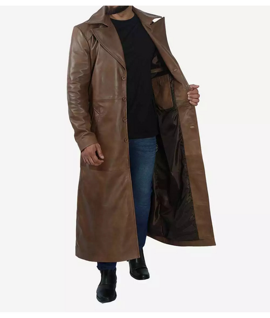 Men's Brown Full Length Leather Coat - Duster Coat