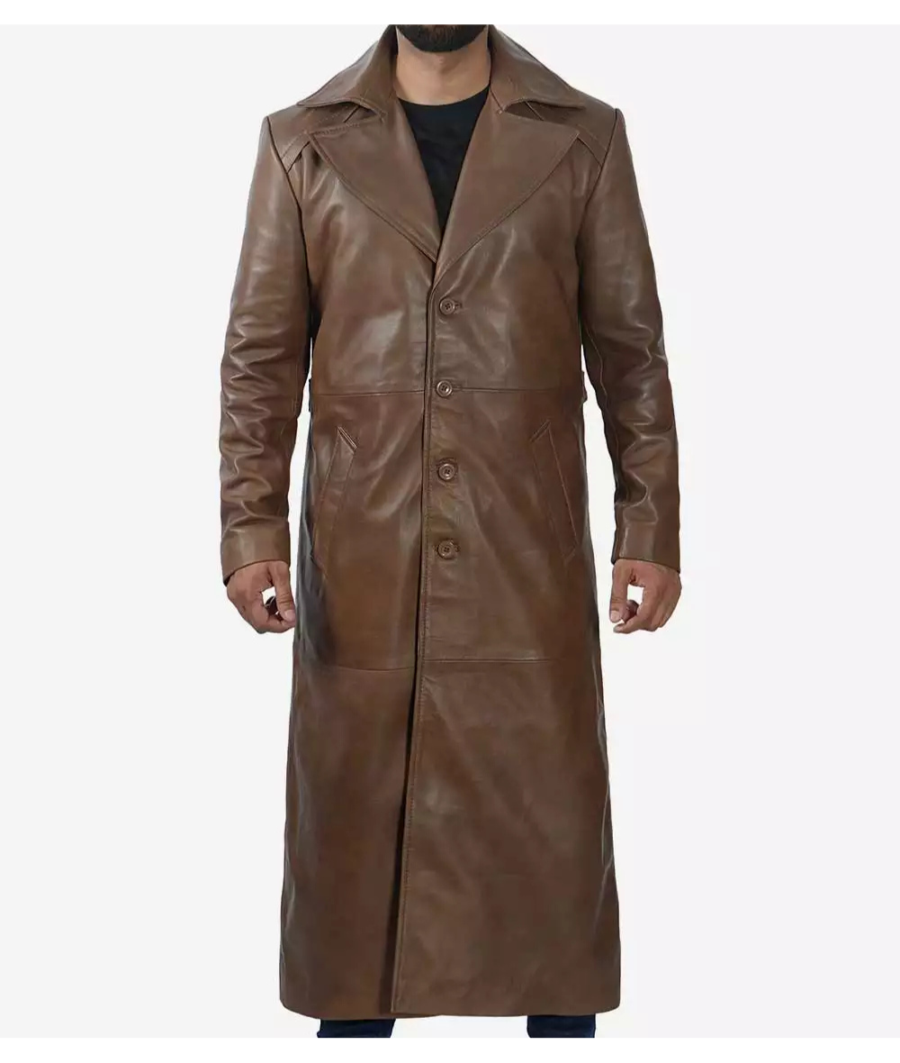 Men's Brown Full Length Leather Coat - Duster Coat