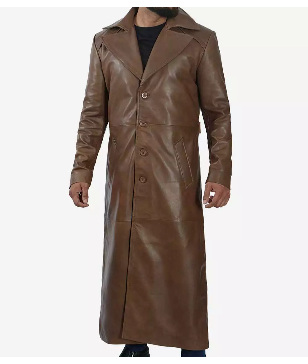 Men's Brown Full Length Leather Coat - Duster Coat