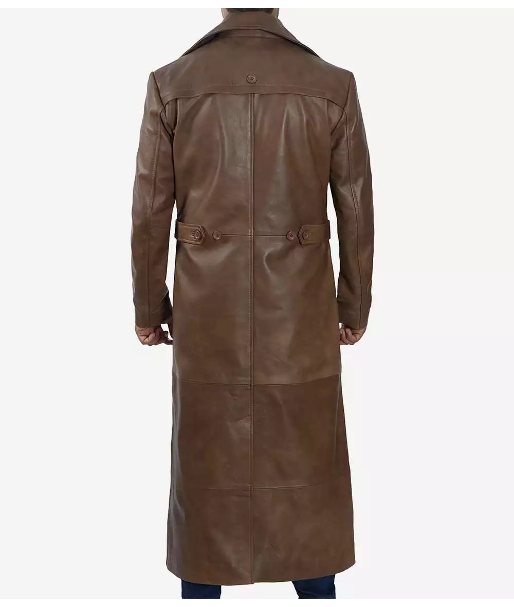 Men's Brown Full Length Leather Coat - Duster Coat