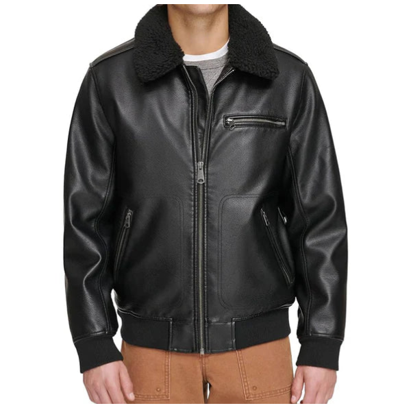 Men's Sherpa Collar Faux Shearling Bomber Leather Jacket