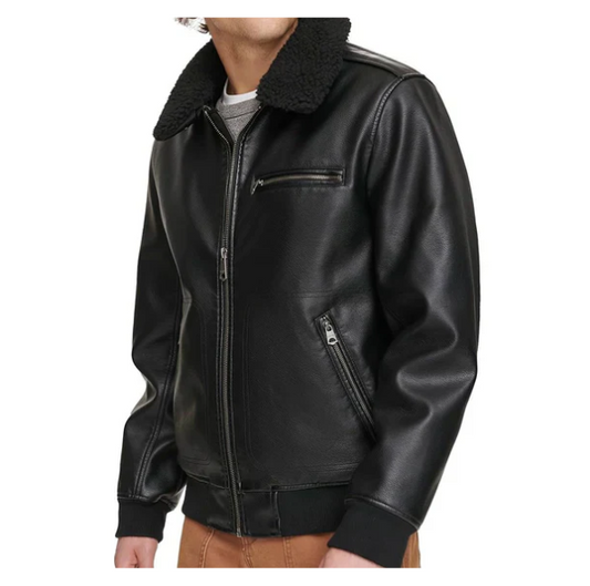 Men's Sherpa Collar Faux Shearling Bomber Leather Jacket