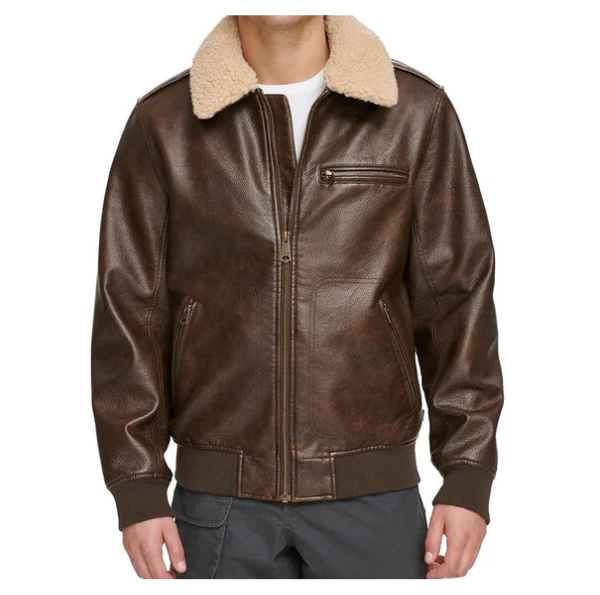 Men's Sherpa Collar Faux Shearling Bomber Leather Jacket