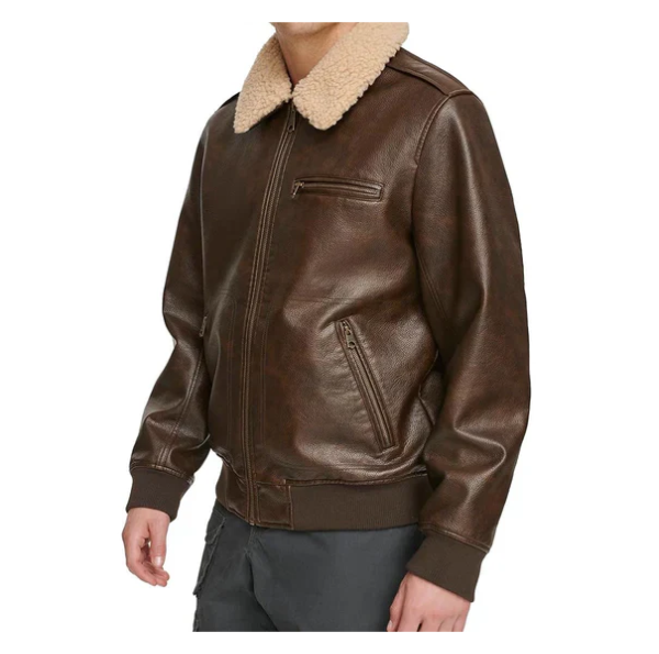 Men's Sherpa Collar Faux Shearling Bomber Leather Jacket