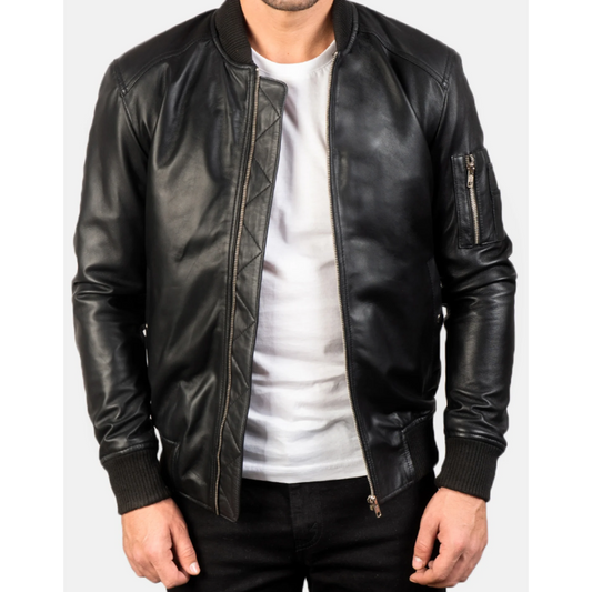 Bomia Ma-1 Black Leather Bomber Jacket