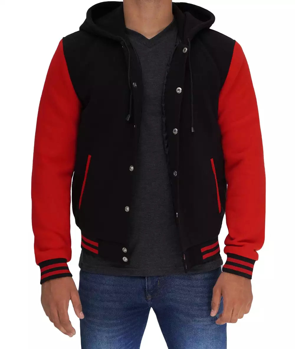 Men's Salerno Black and Red Varsity Jacket with Hood