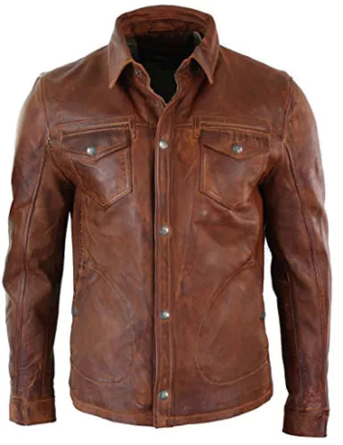 Washed And Waxed Genuine Lambskin Leather Distressed Brown Shirt