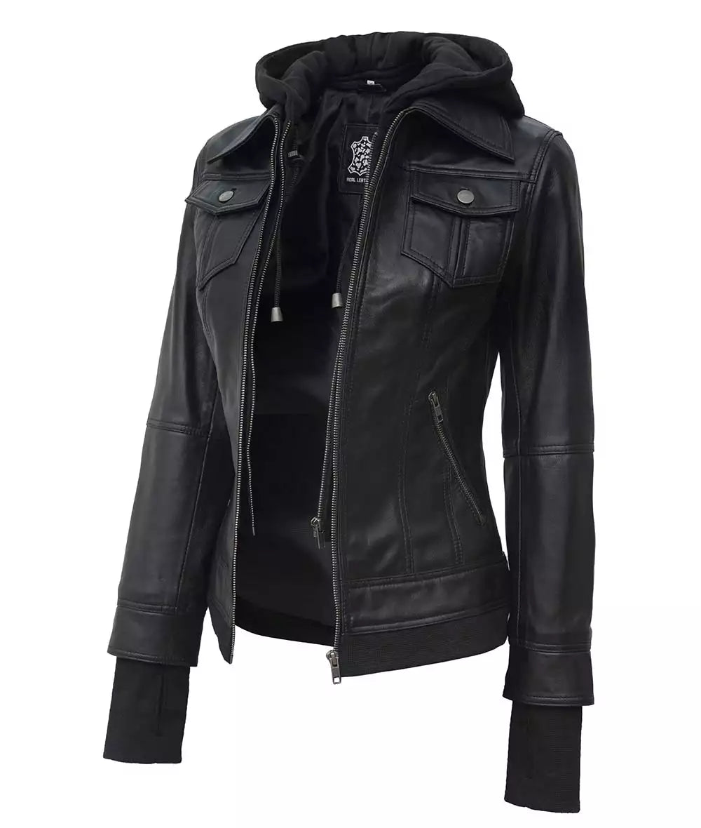 The Céleste: Women's Black Bomber Leather Jacket | Removable Hood