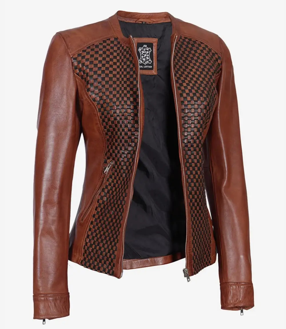 Womens Brown Textured Leather Biker Jacket