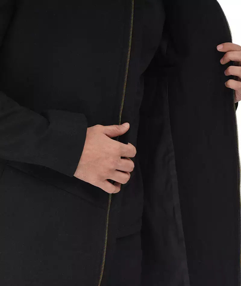 Men's Black Zip Closure Wool Coat with Hood