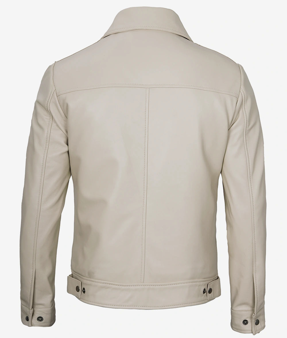 Men's Beige Classic Shirt Collar Real Leather Jacket