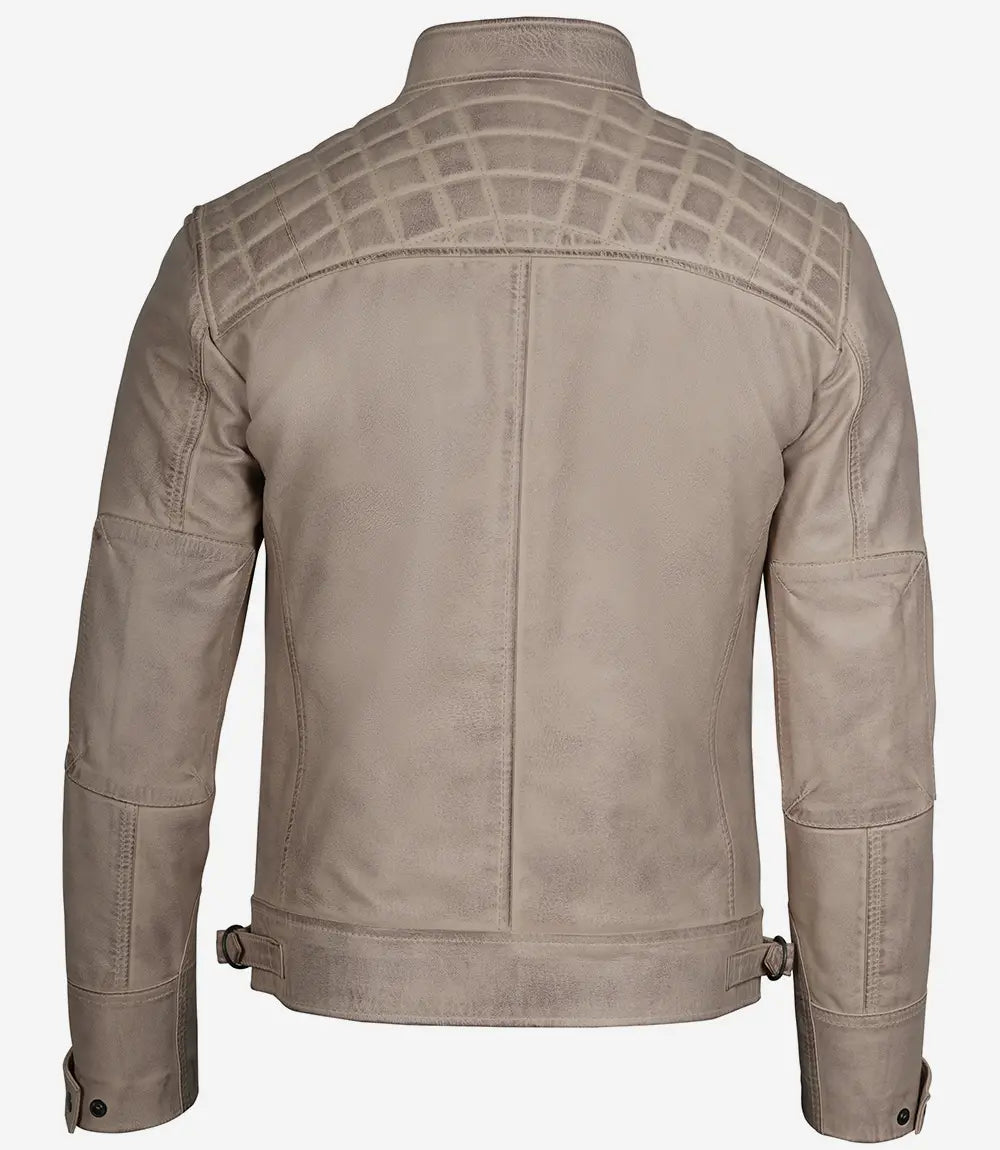 Men's Cafe Racer Quilted Shoulder Beige Leather Jacket