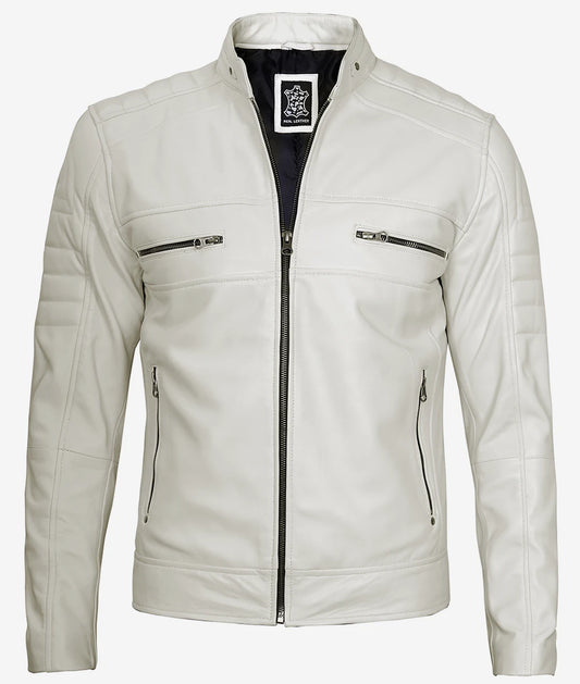 Men's Off White Cafe Racer Leather Jacket - Real Leather