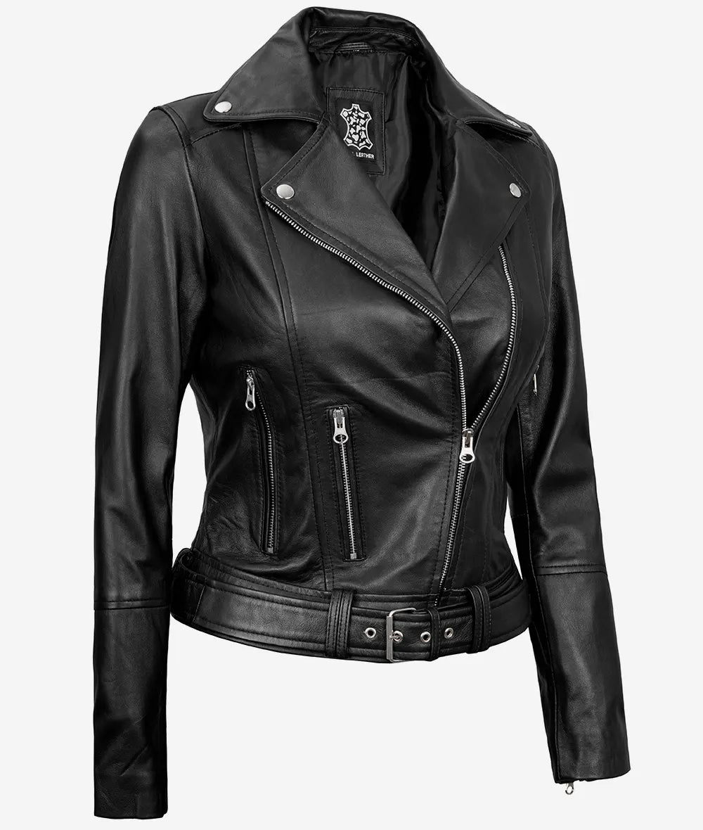 Women's Black Asymmetrical Belted Leather Moto Jacket
