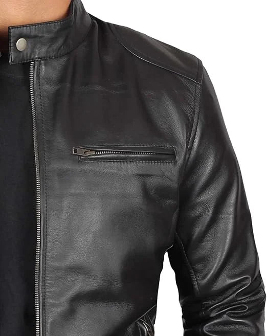 Men's Cafe Racer Genuine Black Lambskin Leather Jacket