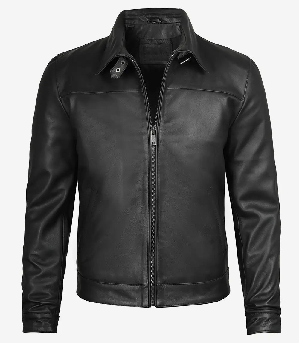 Men's Black Premium Shirt Collar Real Leather Jacket