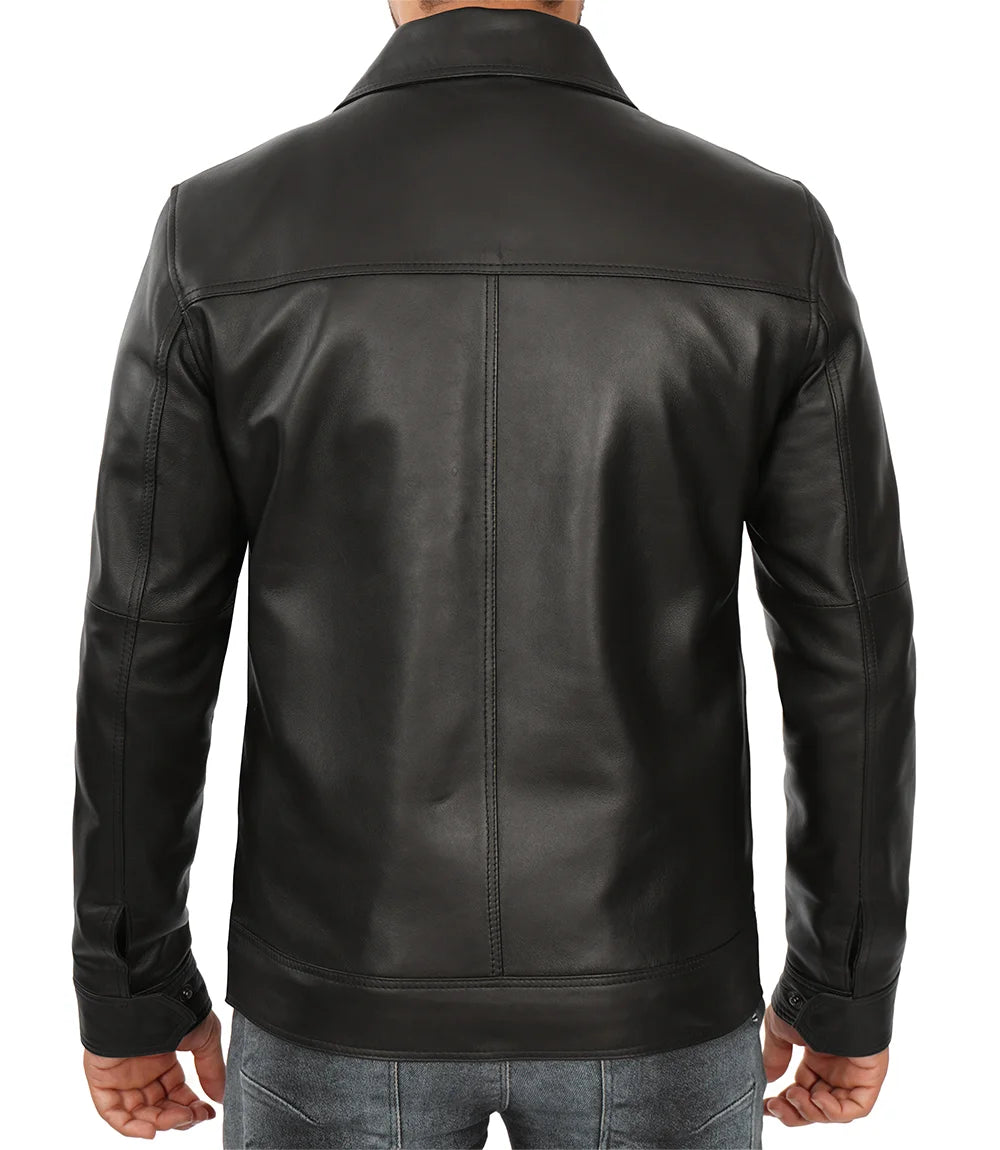 Men's Classic Black Shirt Collar Leather Jacket