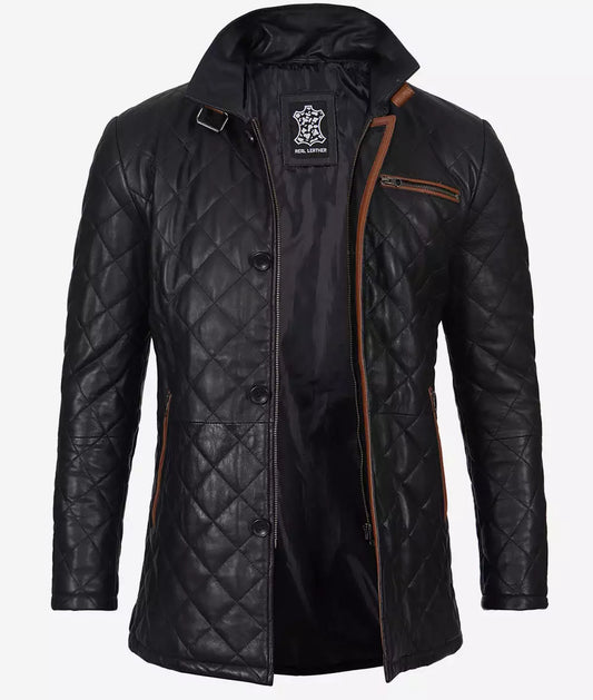 Men's Quilted Black Diamond Leather Car Coat - Brown Detailing