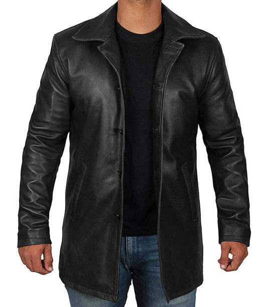 Men's Button Down Real Leather Black Car Coat