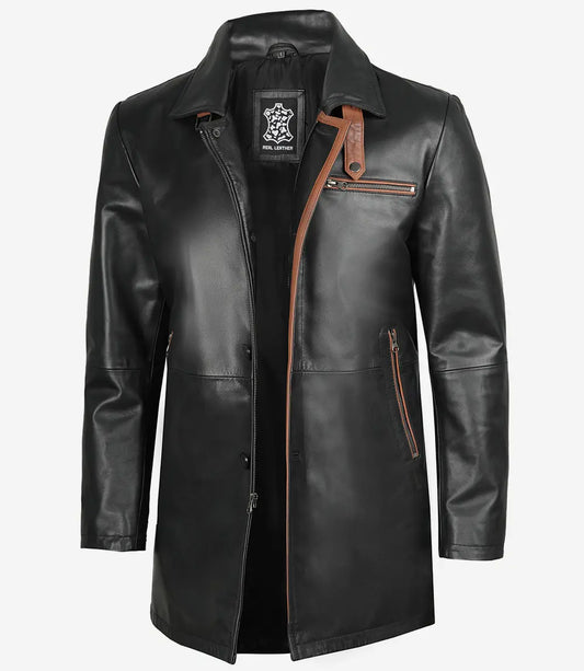 Men's Black 3/4 Length Leather Coat - Brown Detailing