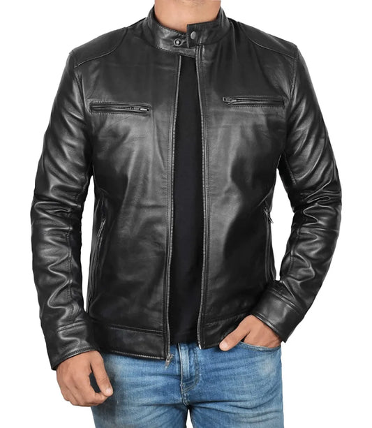 Men's Cafe Racer Genuine Black Lambskin Leather Jacket