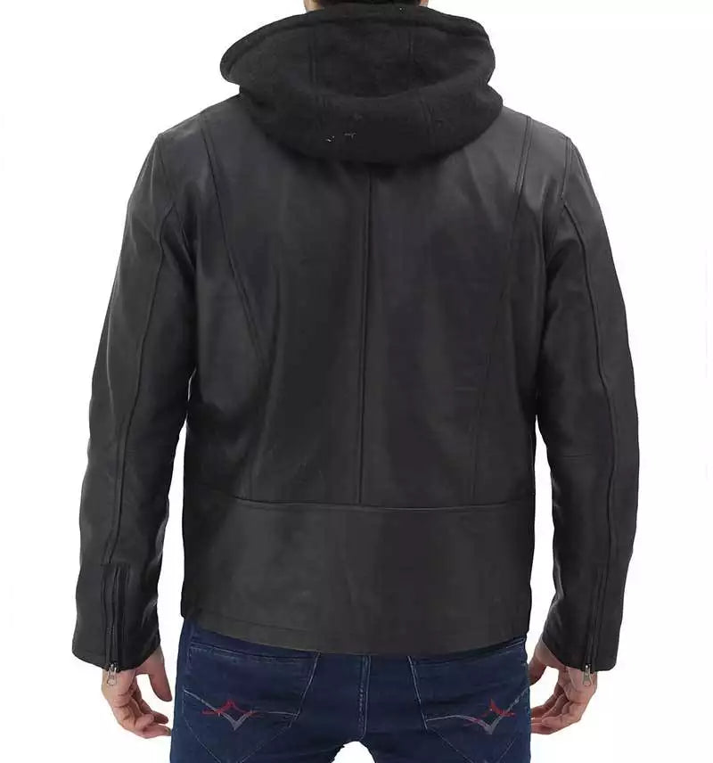 Men's Black Removable Hood Leather Jacket