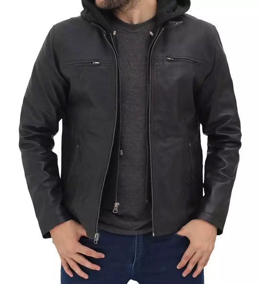 Men's Black Removable Hood Leather Jacket