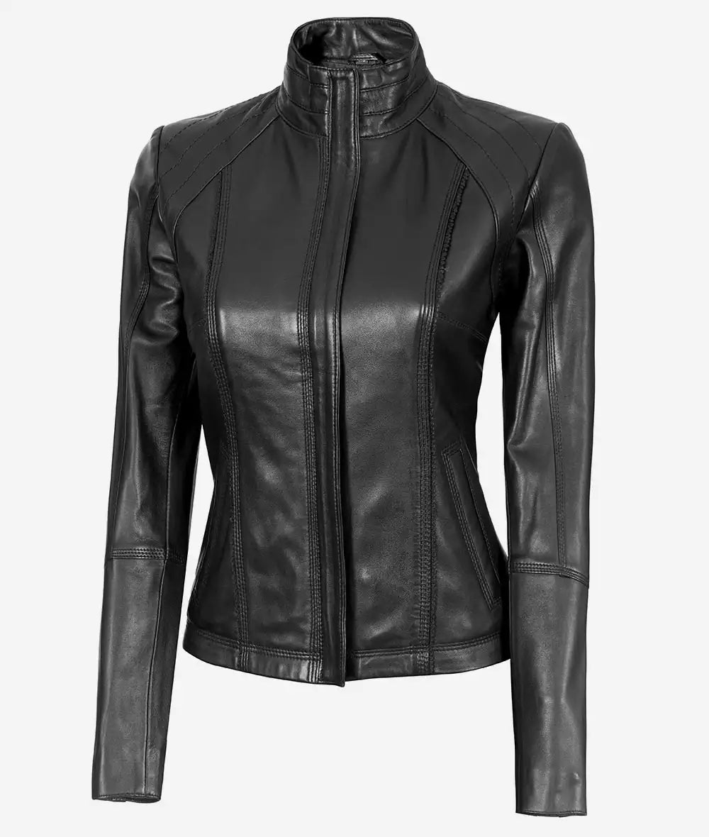 Acerra Womens Black Cafe Racer Leather Jacket