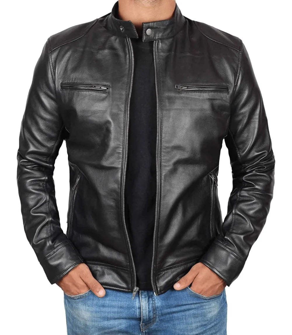 Men's Cafe Racer Genuine Black Lambskin Leather Jacket