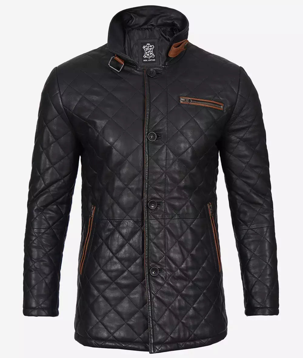 Men's Quilted Black Diamond Leather Car Coat - Brown Detailing