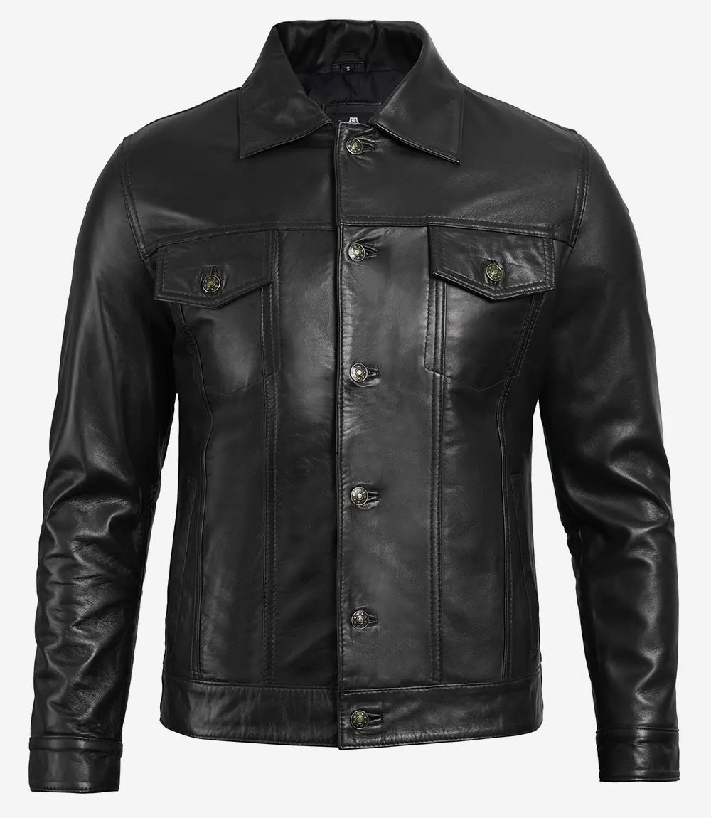 Men's Four Pocket Black Trucker Leather Jacket