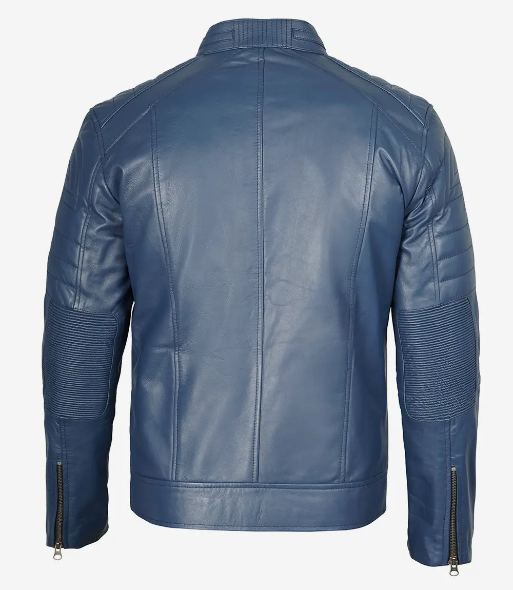 Men's Stylish Slim Fit Blue Cafe Racer Leather Jacket