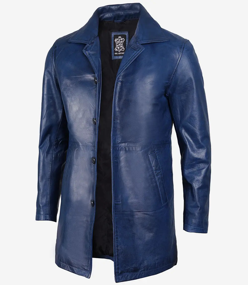 Men's Blue Waxed 3/4 Length Real Leather Car Coat