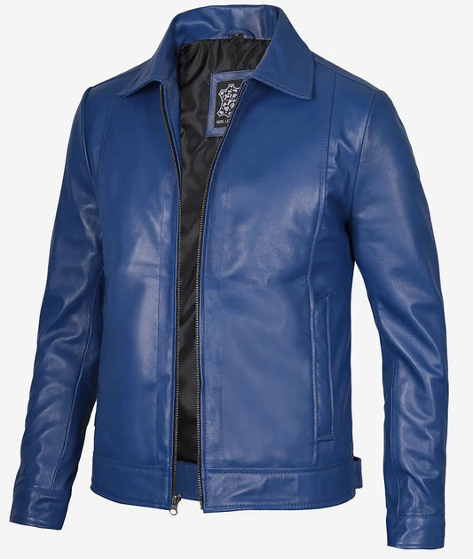 Men's Classic Shirt Style Blue Leather Jacket