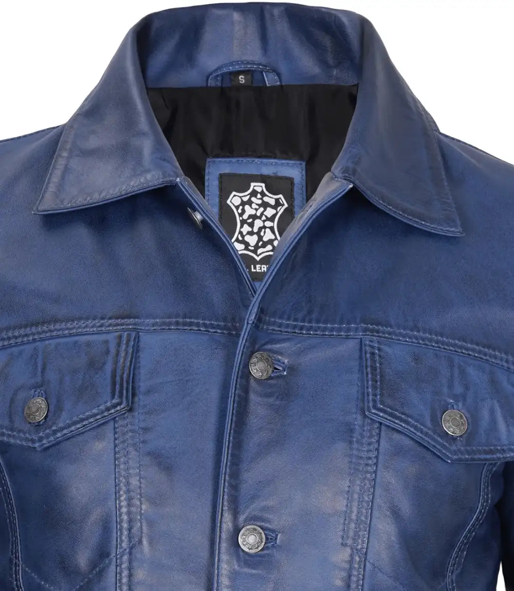 Men's Blue Real Lambskin Leather Trucker Jacket