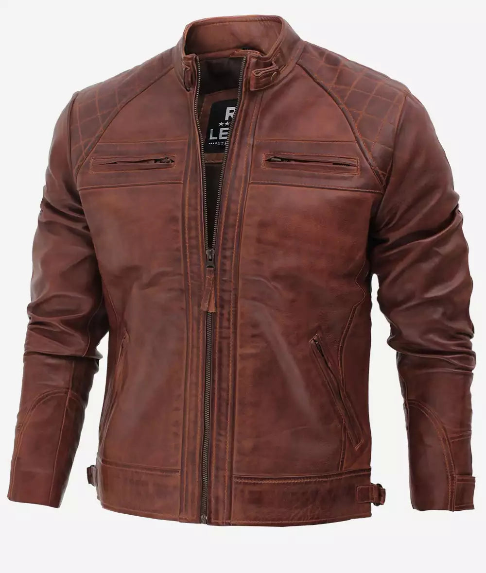 Men's Brown Quilted Cafe Racer Leather Jacket