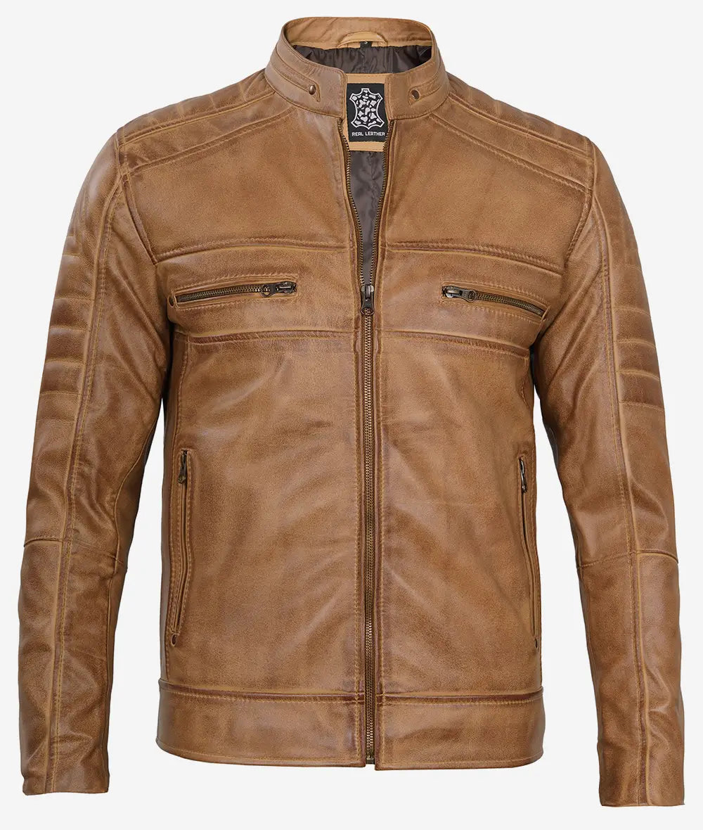 Men's Camel Brown Real Leather Jacket - Cafe Racer Style