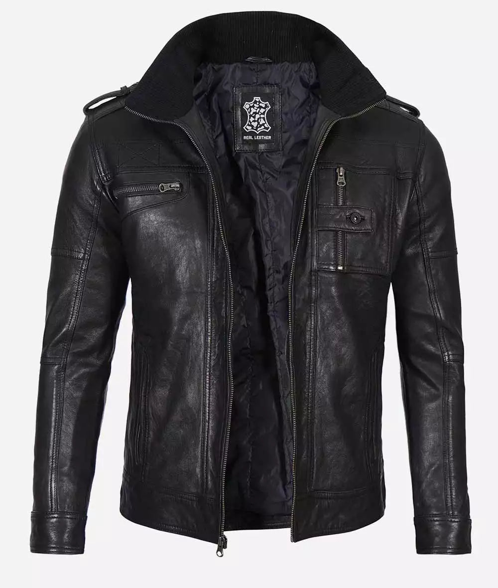 Men's Washed Black Real Leather Biker Jacket