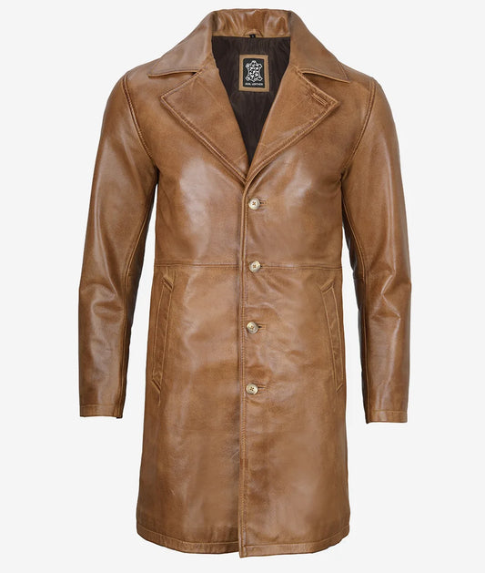 Men's Camel Brown Real Leather Car Coat