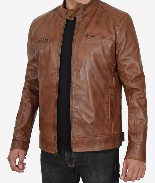 Men's Chocolate Brown Waxed Cafe Racer Motorcycle Leather Jacket