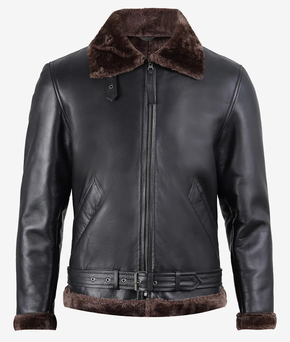 Men's Black Shearling Leather Jacket with Brown Fur