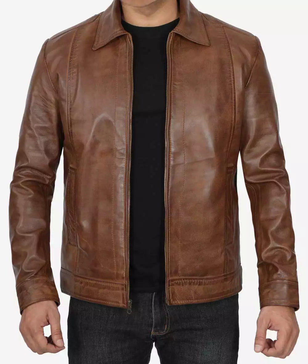 Reeves Men's Chocolate Brown Shirt Collar Leather Jacket