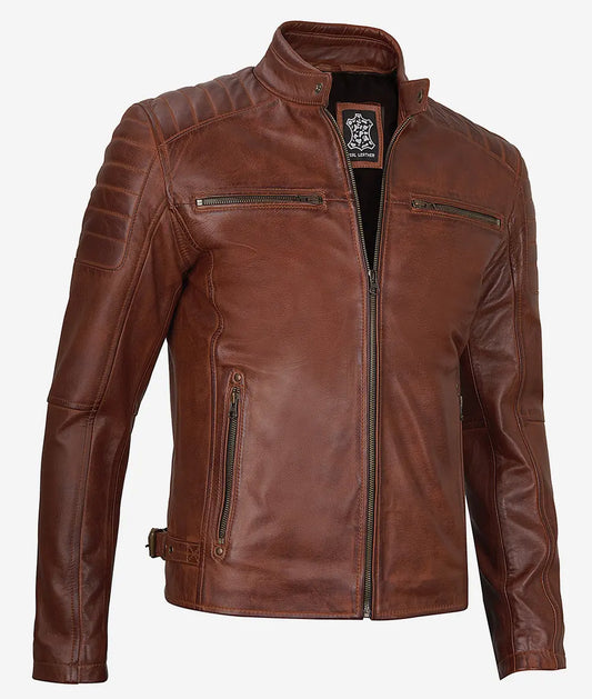 Men's Waxed Cognac Cafe Racer Real Leather Jacket