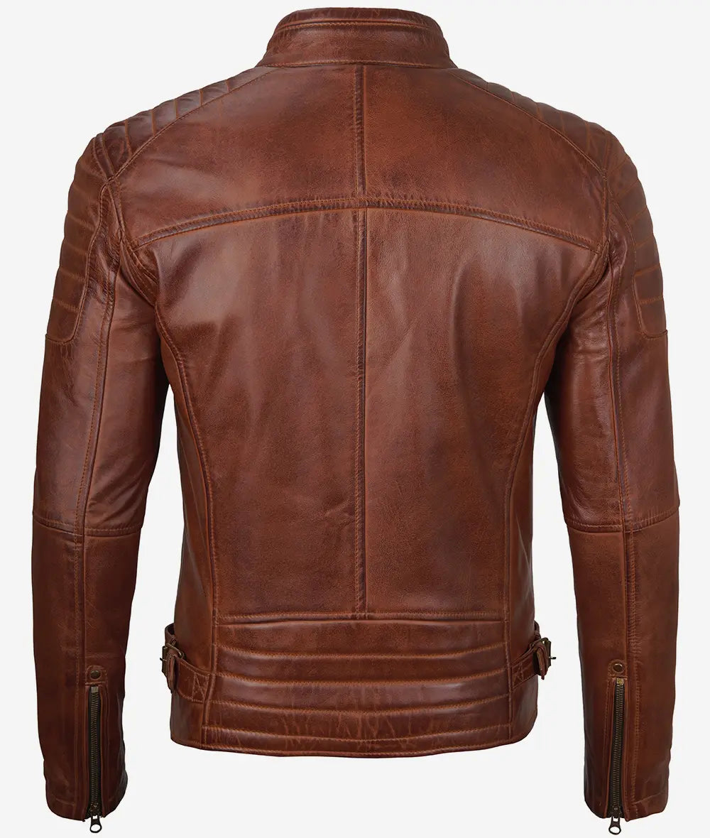 Men's Waxed Cognac Cafe Racer Real Leather Jacket