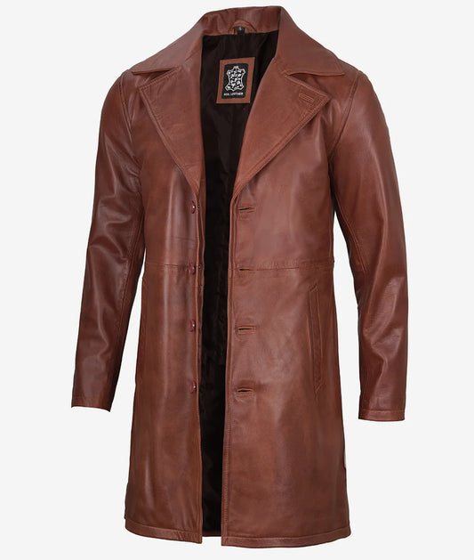 Men's Cognac 3/4 Length Real Leather Car Coat