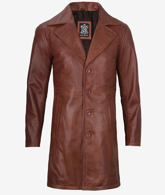 Men's Cognac 3/4 Length Real Leather Car Coat